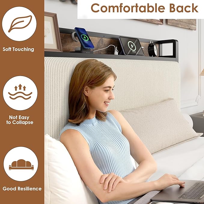 Twin Size Bed Frame with 2 Storage Drawers and Charging Station, Rustic Linen Upholstered Platform Bedframe with Storage Headboard, Heavy Duty, No Box Spring Needed, Easy Assembly, Noise Free, Beige