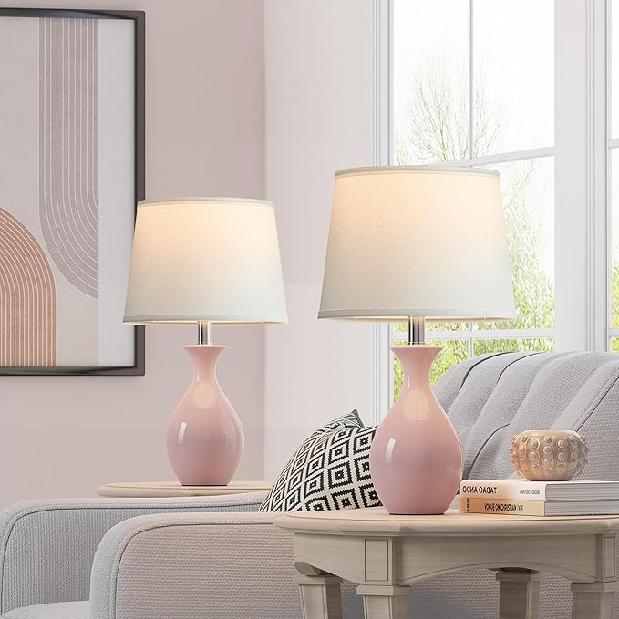 PARTPHONER Table Lamp Set of 2, Modern Ceramic Bedside Lamps for Night Stands, Classic Small Lamp Nightstand Lamp for Bedroom Living Room Desk End Table Rocker Swtich Pink