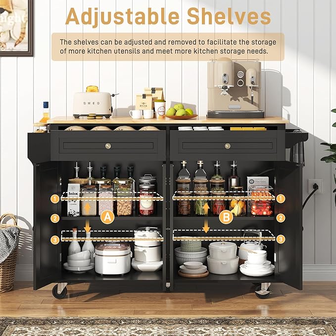 55" Movable Kitchen Island with Drop Leaf and Power Outlet, Rolling Cart with Storage Cabinet, Island Table on Wheels for Kitchen with 2 Drawers, Spice Rack, Towel Bar, Garage Hook, Black