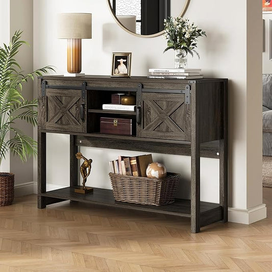 Console Table with Storage Shelf & Sliding Barn Door, Farmhouse Entryway Table with Storage, 46" Narrow Long Sofa, Behind Couch, Console Tables for Living Room (Dark Grey)