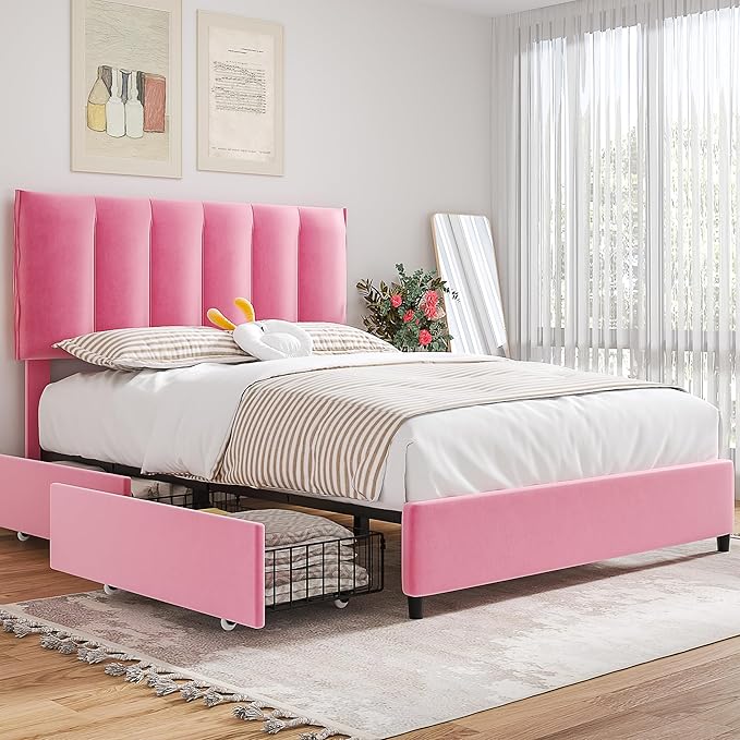 VECELO Full Upholstered Bed Frame with 4 Storage Drawers and Adjustable Velvet Headboard, Heavy-Duty Platform bedframe, No Box Spring Needed, Pink