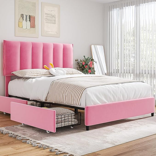 VECELO Full Upholstered Bed Frame with 4 Storage Drawers and Adjustable Velvet Headboard, Heavy-Duty Platform bedframe, No Box Spring Needed, Pink
