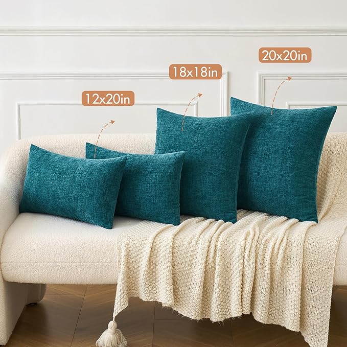 MIULEE Pack of 2 Dark Teal Throw Pillow Covers 12x20 Inch Soft Chenille Pillow Covers for Sofa Living Room Couch Solid Dyed Cases