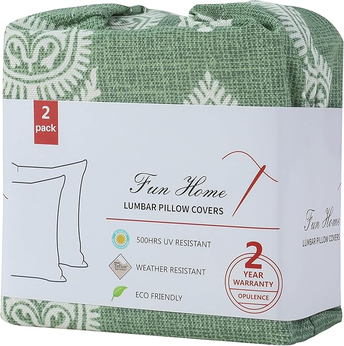 FUNHOME Outdoor Indoor Lumbar Pillow Covers ONLY, Water-Repellent Patio Lumbar Cushion Cases 12” x 20”, Decorative Throw Pillowcase Shell for Couch Patio Garden Furniture Use -Fair Green