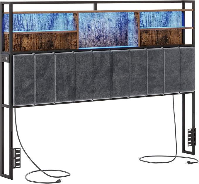 Headboard with 3-Tier Storage Shelves, Velvet Upholstered Head Board with 2 Outlets, USB Ports & LED Light, Soft Backrest for King Size Bed Rustic Brown and Black BH19401B