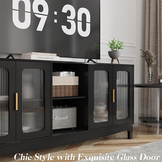 65 Inch Black TV Stand for TVs up to 70+ inch, Mid Century Modern Glass Door TV Console Table, Entertainment Center with Storage Cabinet, Wood Media Console for Bedroom, Living Room (Black)