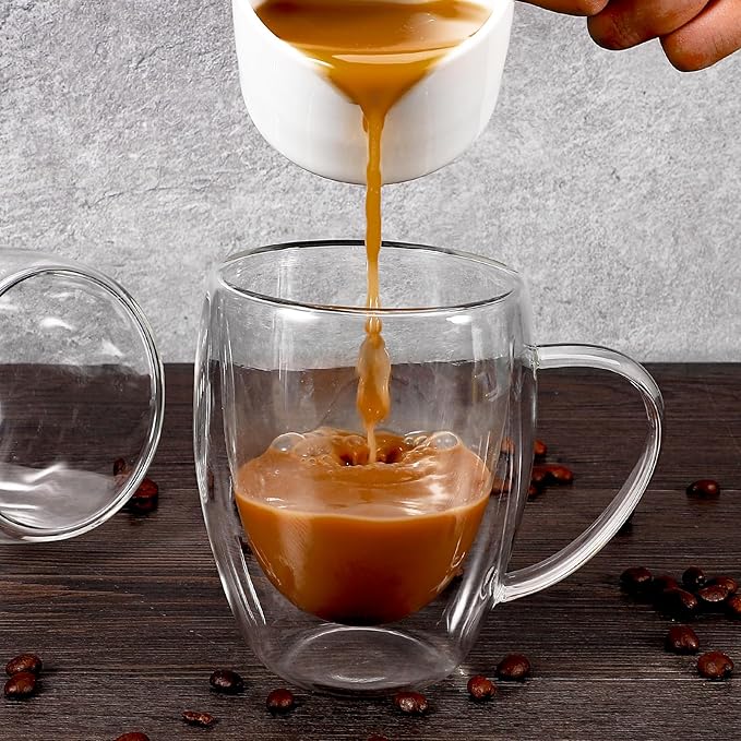 Clear Glass Double Wall Insulated Round Coffee Mugs Set of 2 Pieces - Medium Size 12oz Best Reusable Coffee Mug for Home Cafe Restaurant Perfect for Espresso Capucinno Lungo Latte Coffee