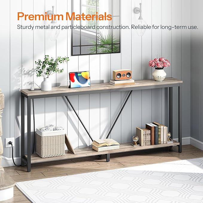 HOOBRO 70.9" Extra Long Sofa Console Table with Charging Station, 2-Tier Behind Couch Table with V-Brace, for Narrow Entryway, Hallway, Living Room, Greige BG186UXG01