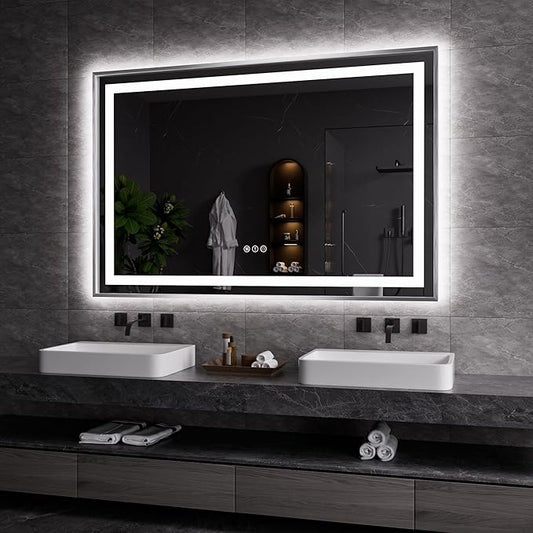 Amorho 60" X40" LED Bathroom Mirror, Brushed Nickel Framed Mirror with Front Light and Backlit, Stepless Dimmable, Anti-Fog, Shatter-Proof, Memory, 3 Colors