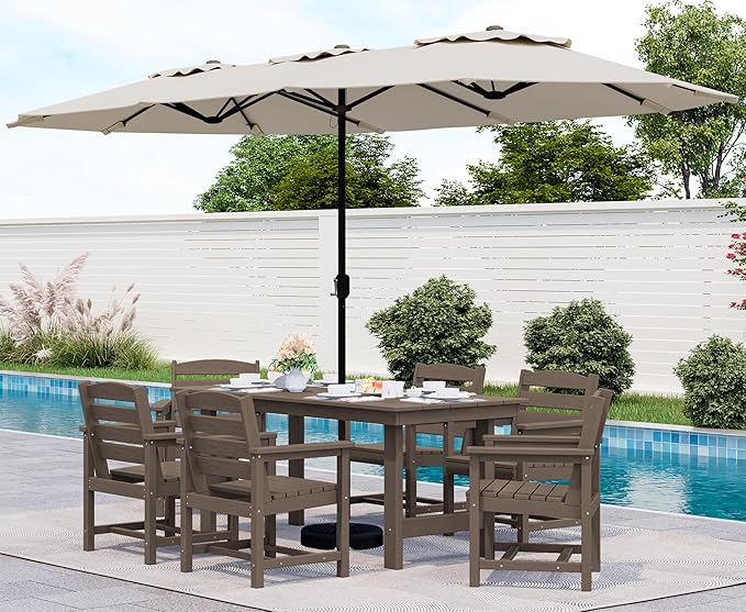 SERWALL 8-Piece Patio Dining Sets with 15FT Double Side Patio Umbrella, Outdoor HDPE Dining Furniture Set with Umbrella Hole Cut-Out Table and 6 Chairs, Coffee（Umbreall Base not Included）
