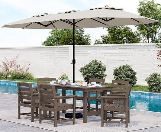SERWALL 8-Piece Patio Dining Sets with 15FT Double Side Patio Umbrella, Outdoor HDPE Dining Furniture Set with Umbrella Hole Cut-Out Table and 6 Chairs, Coffee（Umbreall Base not Included）