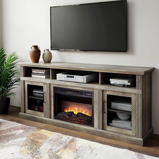 Cheerway 3D Fireplace TV Stand for TVs up to 80’’, Wooden Media Entertainment Center Table & TV Cabinets w/Storage Shelves & Barn Door, Electric Fireplace w/Remote Control & Adjustable Flame
