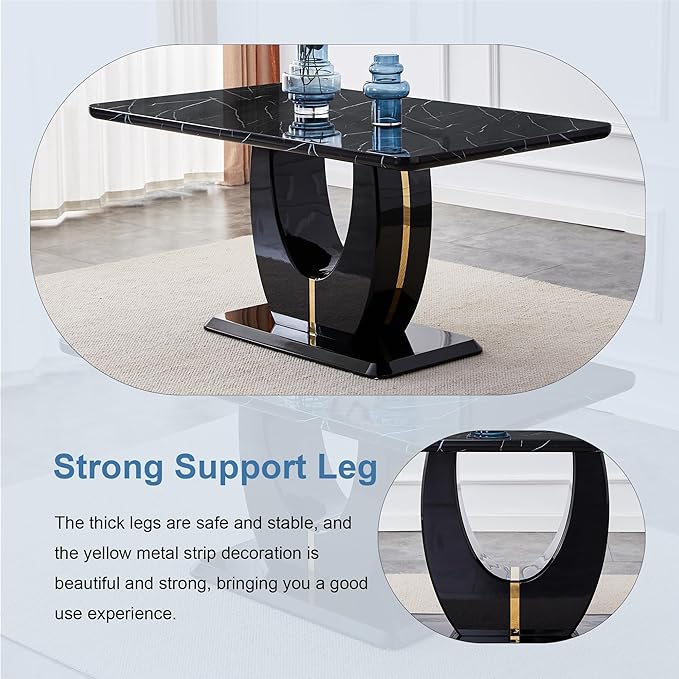 Dining Table Set for 6, Kitchen Table Chairs Set of 6, Modern Dining Room Set with 63 inch Marble Dinner Table PU Leather Upholstered Chairs for Dining Room Kitchen