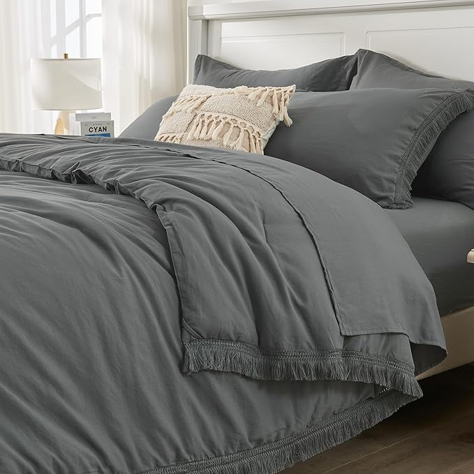 Andency Dark Grey King Size Comforter Set with Sheets - 7 Pieces Boho Tassel Bed in a Bag Soft Lightweight Bedding Sets, Dark Grey Fringe Bed Set with Comforter, Sheets, Pillowcases & Shams