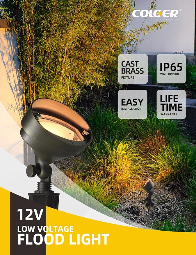 COLOER Die-cast Brass Landscape Flood Light Outdoor,9-17 Volt Low Voltage Wall Wash Lighting,Outdoor LED Floodlight Fixture for Illuminating Signs, Walls and Plant Material(501B,1-Pack Without Bulb)