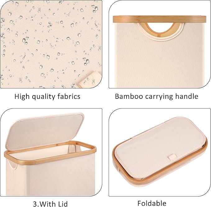 Slim Laundry Basket with Wheels,Narrow Hampers for Laundry,Freestanding Laundry Hamper with Lid&Bamboo Handles,Collapsible & Waterproof Tall Cloth Hamper for Dorm Family(60L Beige)