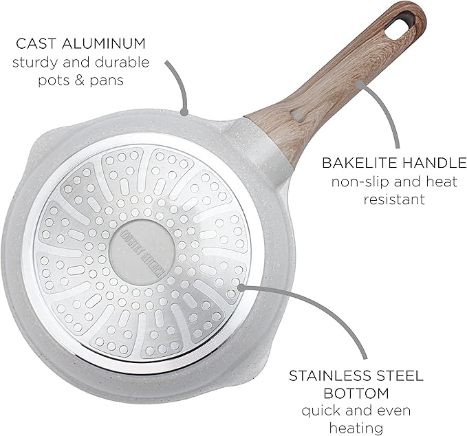 Country Kitchen Non-Stick Cast Aluminum Cookware Set - Durable Kitchen Cookware for Everyday Cooking, Cream, 11 Pc.