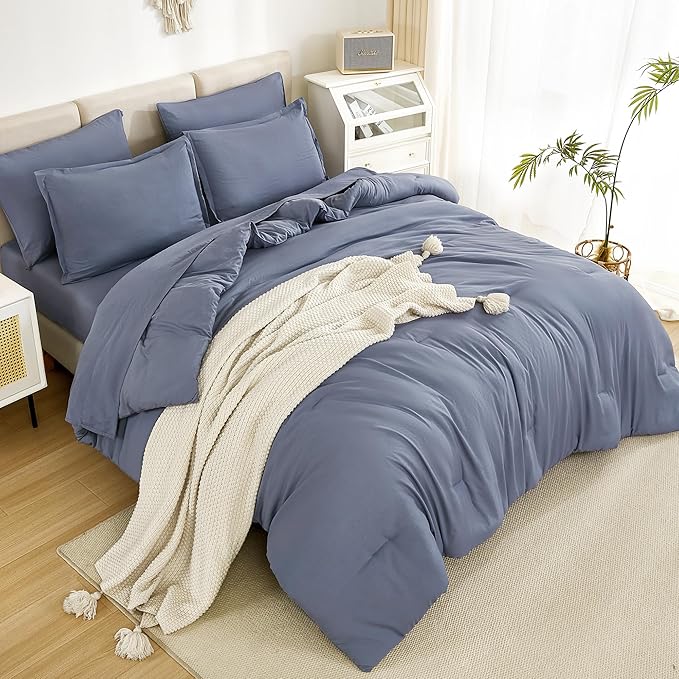 Litanika King Size Comforter Set Bluish Grey - 7 Pieces Bed in a Bag King Bedding Comforter Sets, Solid Lightweight Bed Set with Comforter, Sheets, Pillowcases & Shams