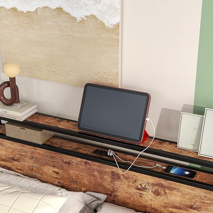 Queen Bed Frame with Storage Headboard/Charging Station,Metal Queen Size Bed Frame with Power Outlets/USB Ports No Box Spring Needed,Under Bed Storage,Easy Assembly,Rustic Brown