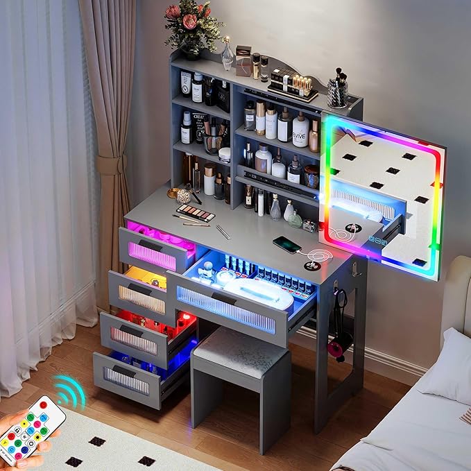LED Vanity with Sliding Mirror, Smart Makeup Table with 5 Drawers 6 Shelves, Make Up Vanity Desk with Charging Station 14 Color Lighting Modes, Cushioned Stool, USB Type-C for Bedroom Gray
