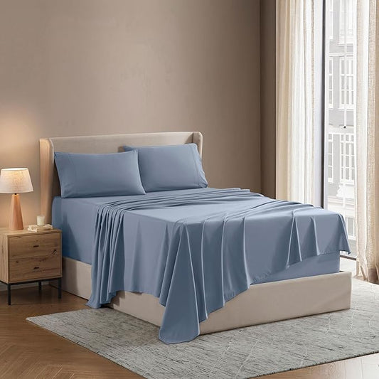 Nestl Short Queen Sheet Set - 1800 Ultra-Soft Microfiber - Double Brushed - Deep Pockets - Easy Fit - 4 Piece Set - Bed Sheets (Short Queen, Stone Blue)