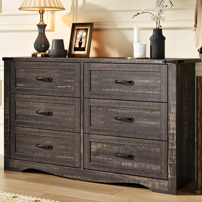 Loomie Farmhouse 6 Drawers Double Dresser for Bedroom, Modern White Dresser Chest of Drawers, Wide Dressers Organizer, Accent Storage Cabinet for Closet, Living Room, Hallway, Dark Rustic Oak
