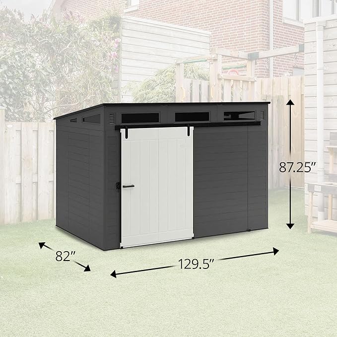 Suncast Modernist 10 Foot by 7 Foot Outdoor Plastic Storage Shed with Pad Lockable Sliding Barn Door for Outdoor Storage Items, Gray and Black