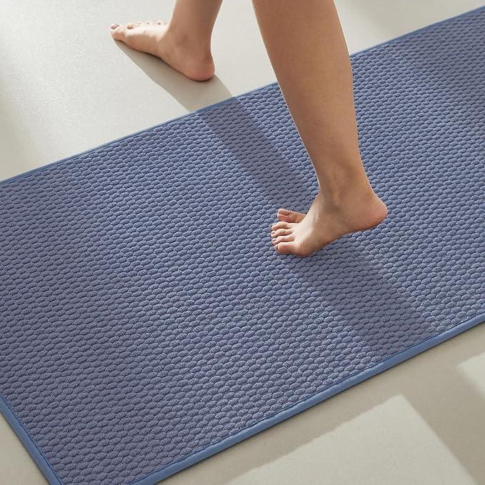 Bathroom Runner Rug, Long Bath Mat Washable Thin Quick Dry Low Pile Bathroom Runner Rugs 24 x 60 Non Slip, Denim Blue 24"x60"