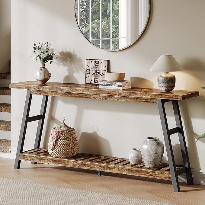 ChooChoo 70.9 Inch Long Console Tables for Entryway, Wood 2-Tier Entry Hallway Table, Narrow Sofa Table Behind Couch Table for Living Room, Entrance, Rustic Brown