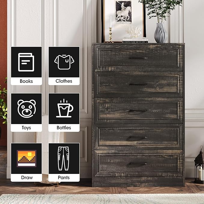 Fameill Dresser for Bedroom, 5 Drawer Tall Dresser Organizer, TV Stand for Livingroom, Chest of Drawers with Metal Handles, Dark Brown