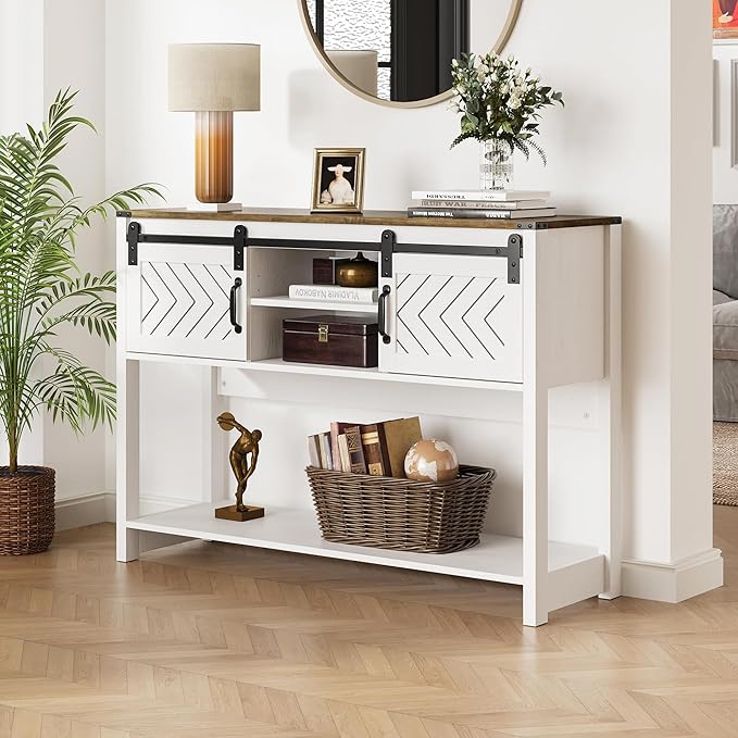 Console Table with Storage Shelf & Sliding Barn Door, Farmhouse Entryway Table with Storage, 46" Narrow Long Sofa, Behind Couch, Console Tables for Living Room, White and Rustic Oak