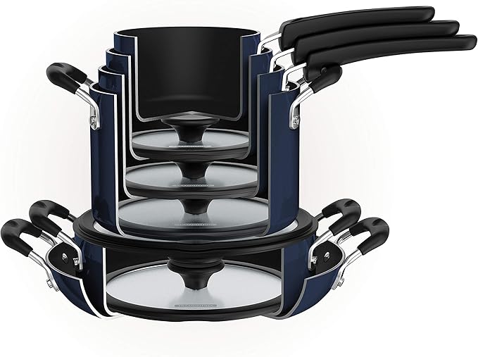 Tramontina Aluminum Non Stick 11-Piece Nesting Pots and Pans Set with Lids - Naval, Kitchen Nonstick Cookware Set, Dishwasher and Oven Safe