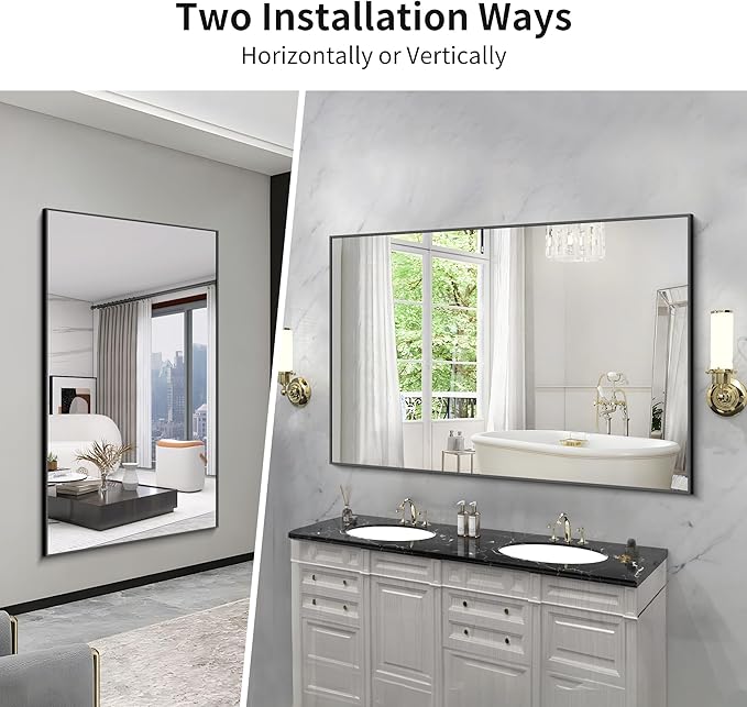 KOCUUY 60x40 Inch Large Black Wall Mounted Mirror,Aluminum Framed Decorative Rectangular Bathroom Mirror for Wall Over Sink,Vanity Mirror for Bedroom Living Room Bathroom,Functional Oversized Mirror