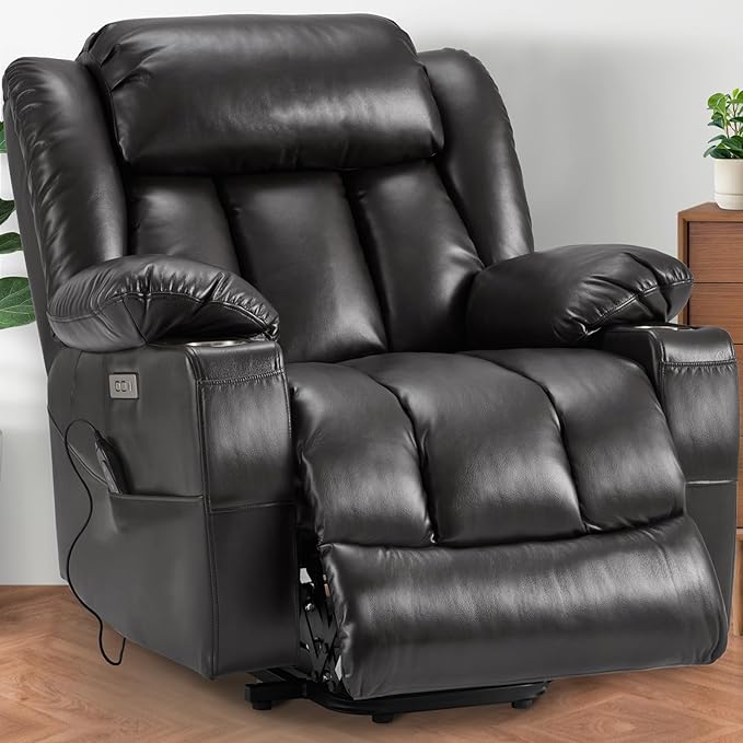 Power Lift Recliner Leather Chair Sofa with Massage & Heat, Lazy Boy Chair with Cup Holders, USB & Type-C Ports, Remote Control (Black)