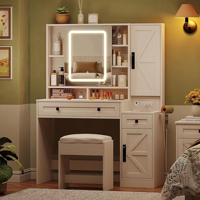 Vabches Makeup Vanity Desk with Mirror and Lights, Farmhouse Vanity Mirror with Lights Desk and Chair, White Vanity Table with Charging Station and Storage, Dressing Table Set for Bedroom Room