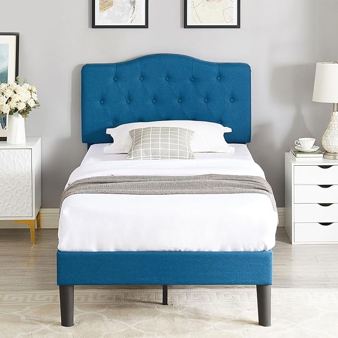 VECELO Twin Size Platform Bed Frame with Fabric Upholstered Headboard and Wooden Slats Support, No Box Spring Needed/Easy Assembly,Blue