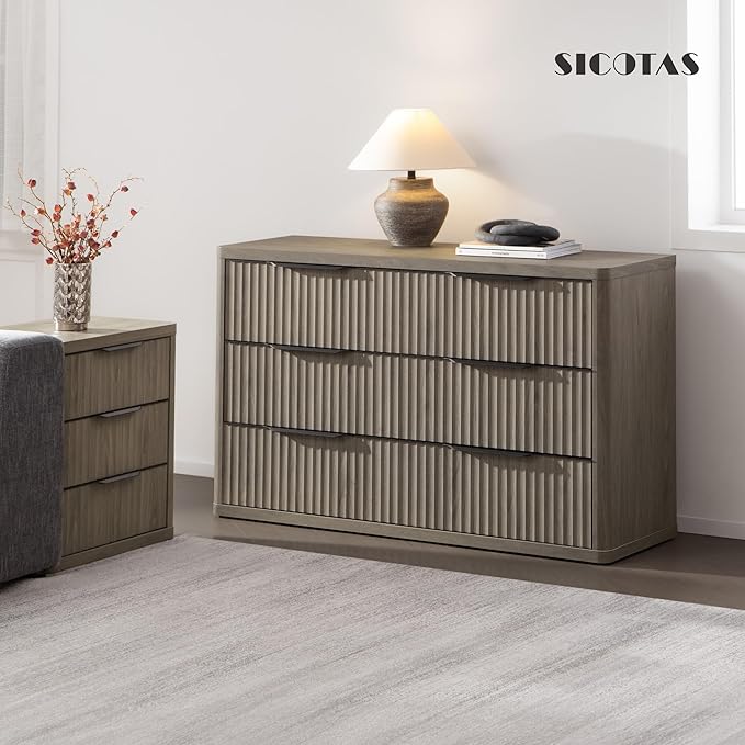 SICOTAS Dresser for Bedroom 6 Drawer Dressers & Chests of Drawers for Closet Long Large Modern TV Stand Set for Clothes Storage Fluted Wide Clothes Closet for Hallway Entryway (Grey Alder, 1 Piece)