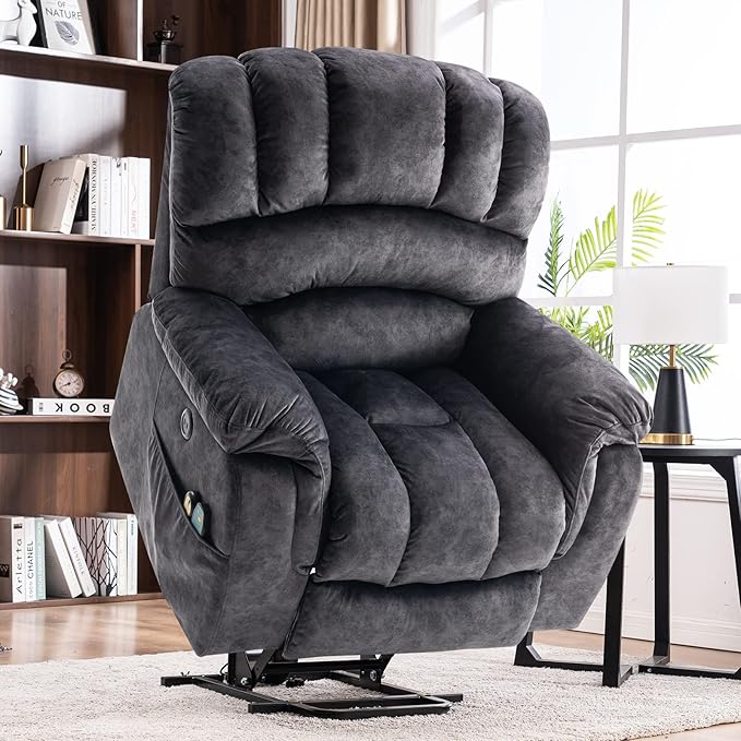 MEETWARM Large Power Lift Electric Recliner Chair with Massage and Heat, Overstuffed Wide Recliner for Elderly Big People, Plush Fabric Recliners with USB Ports, 2 Remote Controls, Side Pockets（Gray）