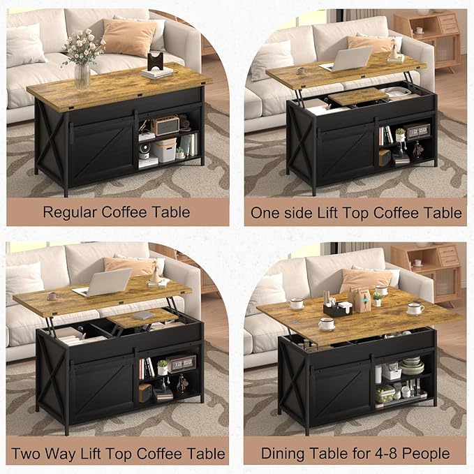 Lift Top Coffee Table with Storage and Sliding Door, 4 in 1 Multi-Function Convertible Tea Table with Hidden Compartment, Farmhouse Center Table with Wood Lift Tabletop for Living Room Black
