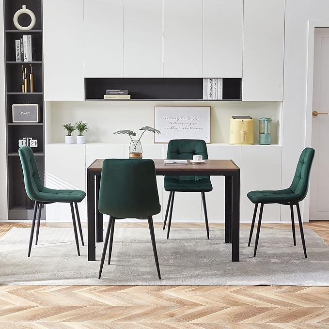 Modern Dining Room Set for 4, 5 Pieces Dining Table Set, Solid Walnut Table Imitation Wood with Sturdy Metal Frame&Legs, Comfy Velvet Dining Chair Armless for Space Saving, Stylish Dinette Set