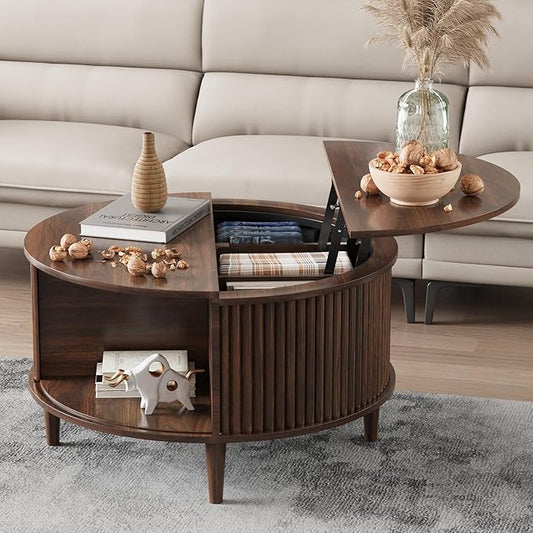 Round Coffee Table with Storage, Fluted Lift Top Coffee Table for Living Room, 31.5" Mid Century Modern Center Table with Sliding Cabinet Door, Walnut