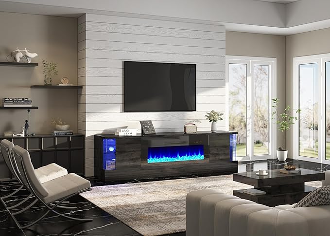 AMERLIFE 70" Glossy Oak Fireplace TV Stand with 36" Fireplace for TVs up to 80", LED Lights Entertainment Center with Flip Doors & Corner Glass, Modern TV Console Table, Living Room, Black