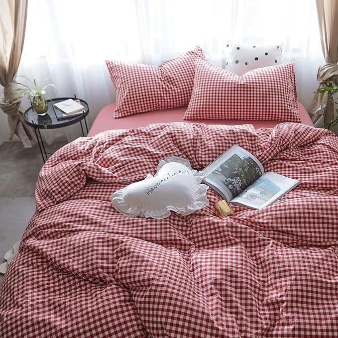 mixinni Red Gingham Comforter Set Twin XL, Plaid Comforter Set 3 Pieces 1 Red Grid Comfoter with 2 Pillow Cases for All Seasons, Soft Fluffy Modern Grid Pattern Printed Bedding-Twin XL Size