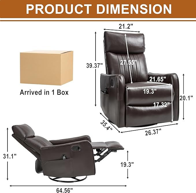 Manual Swivel Rocker Recliner Chair for Adults, Overstuffed Recliner Glider with Massage and Heat, Living Room Reclining Chair, PU Leather Dark Brown