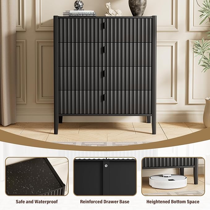 Black 4 Drawer Dresser, 31.5" Wide White Modern Dresser with Fluted Front & Metal Handles for Bedroom, Living Room