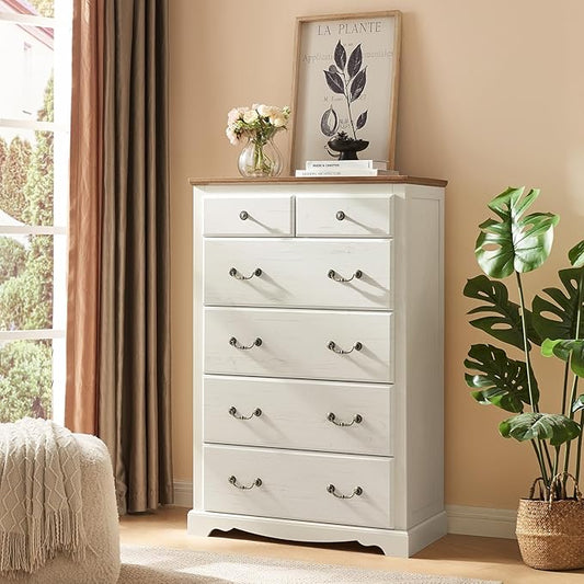 AMERLIFE Farmhouse 6 Drawers Dresser for Bedroom, Wood Antique Chest of Drawers with Metal Handle, Tall Dresser Organizer for Hallway, Entryway, White+Barnwood