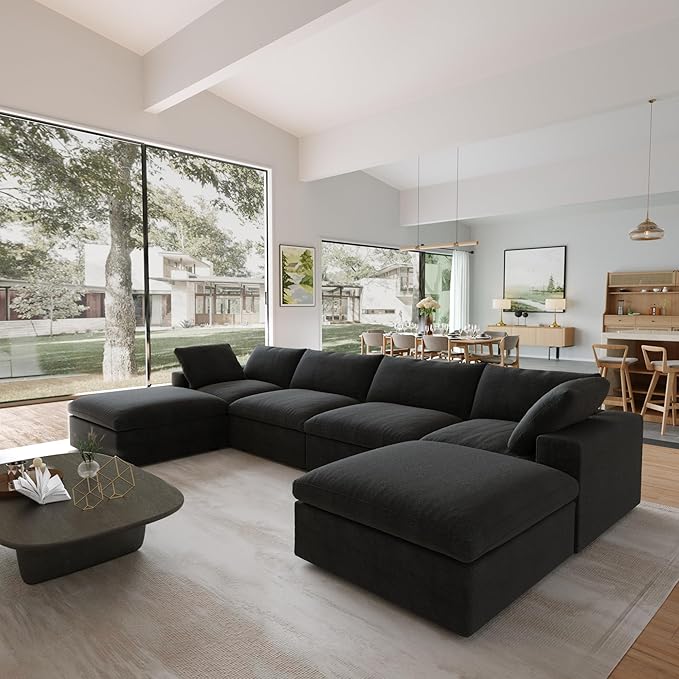 JACH 160.6" U-Shaped Sectional Couch, Modern Modular Convertible Sofa with Chaise Ottomans, Deep 4-Seats Comfy Sectional Cloud Couches for Living Room/Apartment, Bedroom (Black)