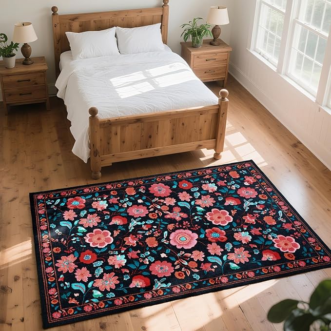 Living Room Rug 6x9 Rug, Machine Washable Area Rug Non Slip Low Pile Floral Rug for Living Room, Bedroom, Farmhouse, Dining Room, Kids Playroom, Black
