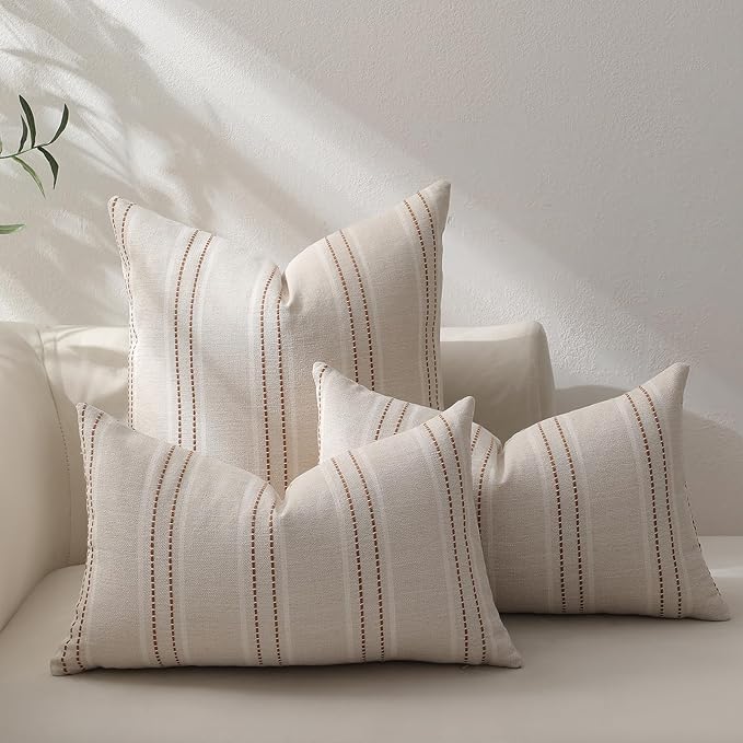Hckot Fall Throw Pillow Covers 12x20 Set of 2 Striped Pillow Covers Textured Linen Decorative Pillows Square Cushion Covers for Sofa Couch Bed Living Room Farmhouse Decor(Rust)