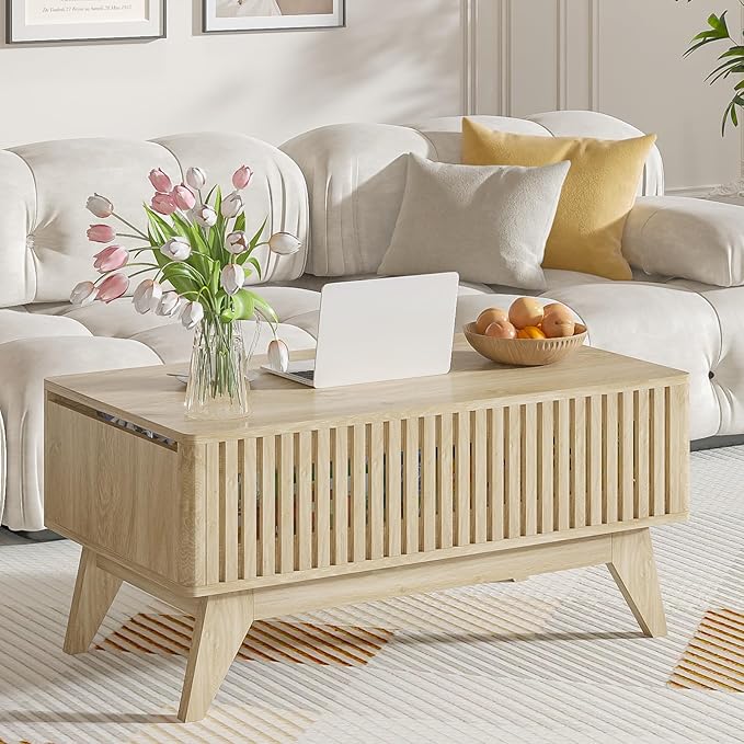 Lift Top Coffee Table with Hidden Compartment, Mid Century Modern Coffee Table for Living Room, Fluted Design Farmhouse Center Table with Storage (Wood, 35.4" W)